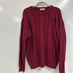 0494 Vintage-Inspired Burgundy Cable Knit Sweater Classic Cozy Chunky Knit Large